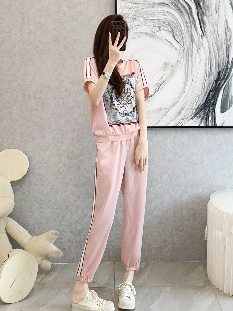 

Casual Sporty Two-Piece Set for Women Short Sleeve Fashionable Pink Summer Polyester Fiber 100% Lightweight Comfortable