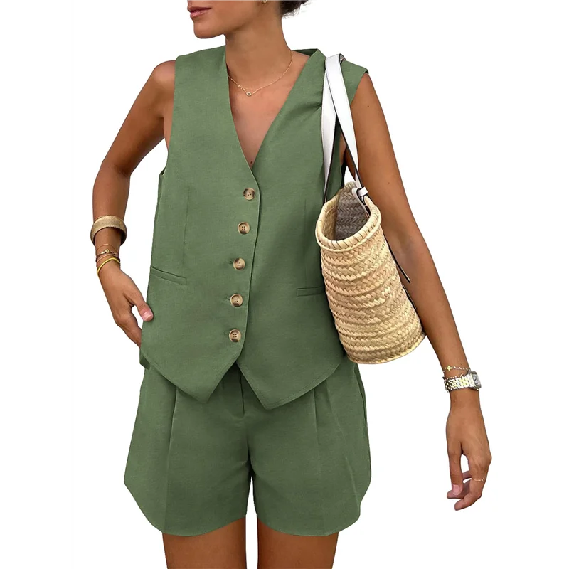 

Women's Summer 2 Piece Outfits Sleeveless Sets Button Down V Neck Vest Waistcoat And Pockets Shorts