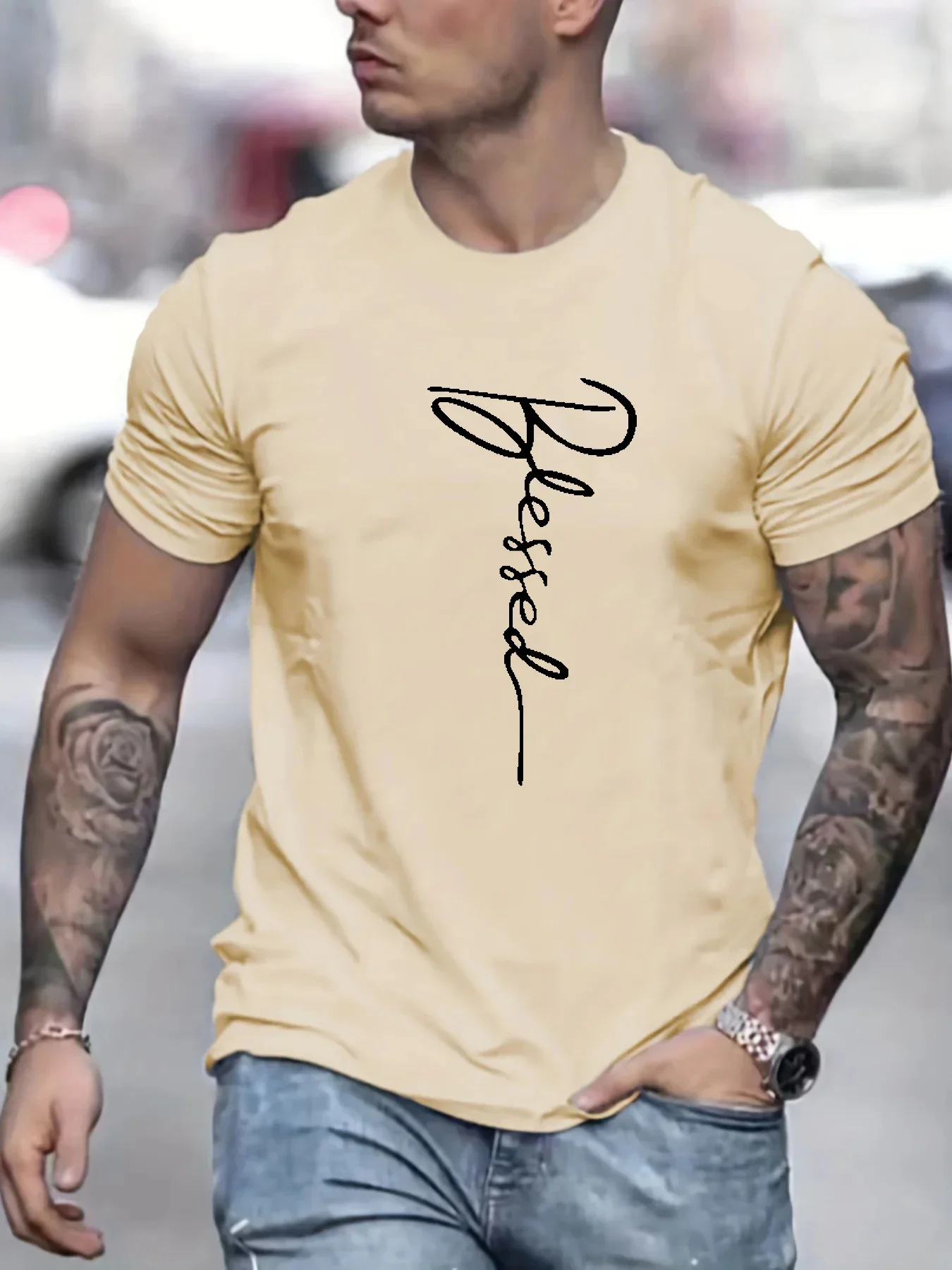 Men's 100% cotton summer loose fit oversized Blessed printed slim fit casual sports round neck short sleeved T-shirt top