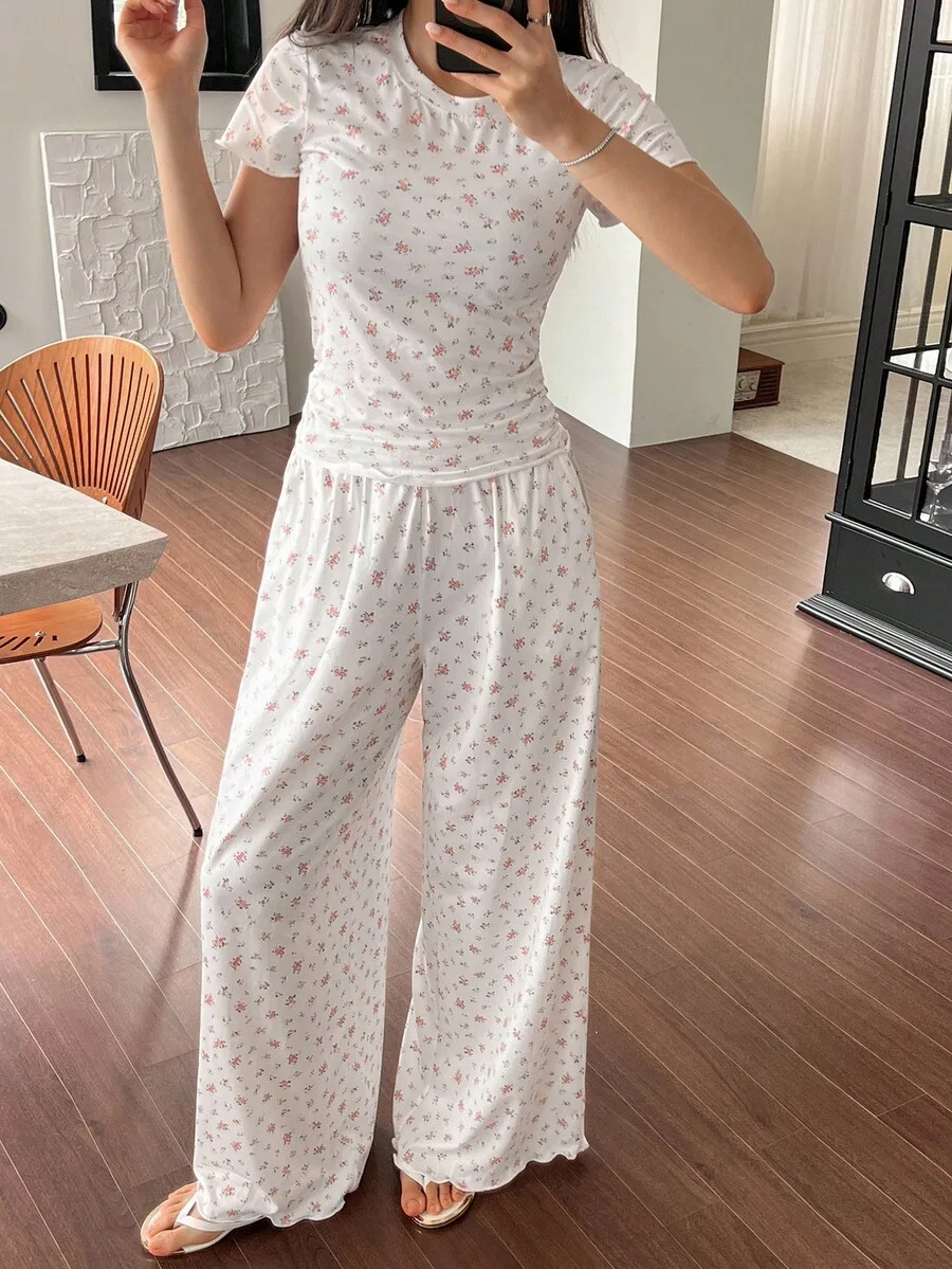 

Womens Floral Print Short Sleeve Pajama Set Summer Comfortable Lounge Wear