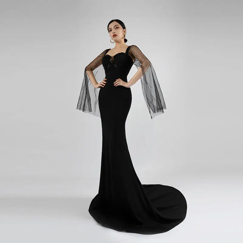 

Baisha Fashion Black Dress Sweetheart Collar Backless Evening Gown Floating Gauze Sleeve Prom Party Women Clothing H1024