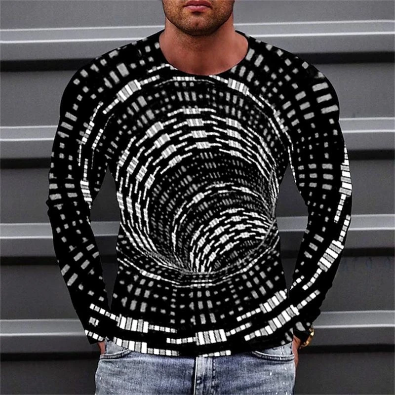 Fashion Optical Illusions Pattern T-shirt Funny Mens Autumn Long Sleeve 3D Printed Pullovers Loose Streetwear Catch Eyes Tees