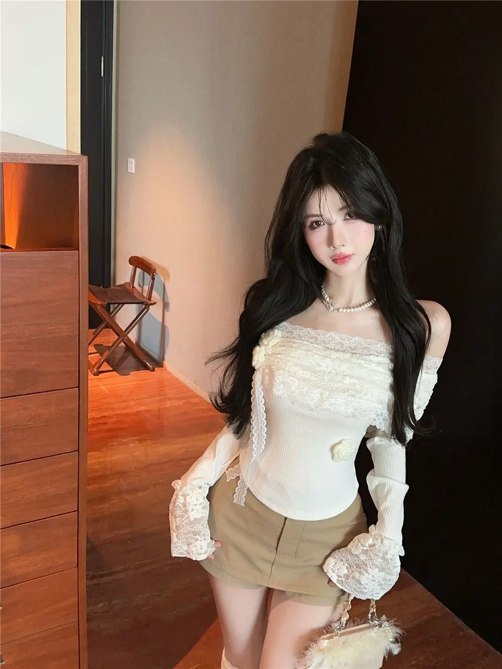 Korejpaa Fashion Casual Women T Shirt Elegant Off Shoulder Korean Style Lace Flower Sweet Base Shirt Gentle Long Sleeve Slim Top