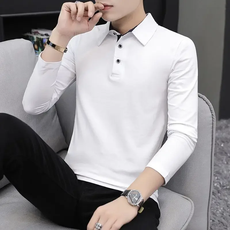 Spring Autumn Men Cotton Long Sleeve T-Shirt with Collar Solid Black White Casual Plain Undershirt