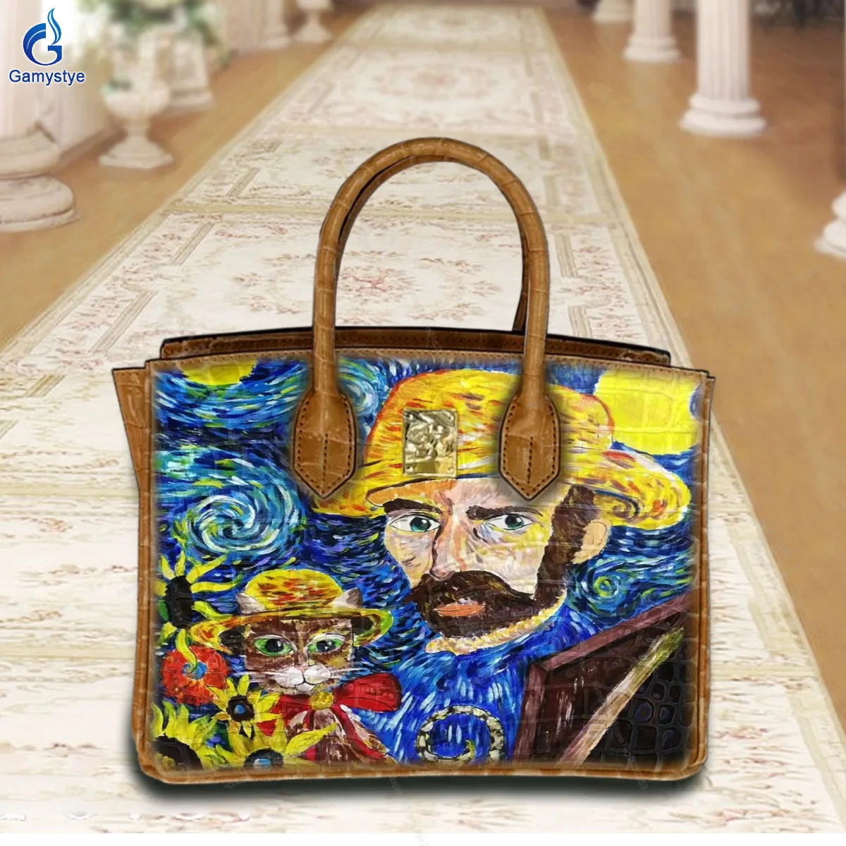 

Art Hand-Painting A man with a beard and a kitten wearing a hat Customize Totes Ladies purses and handbag Messenger Clutch Totes