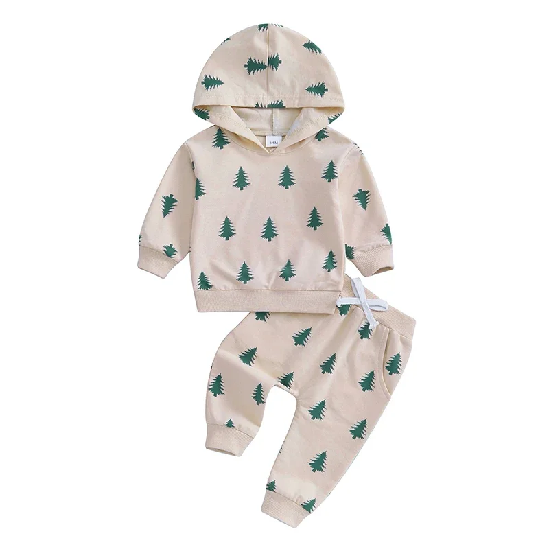 Toddler Boy Christmas Sets All-over Tree Print Long Sleeve Hooded Sweatshirt Long Pants Outfits