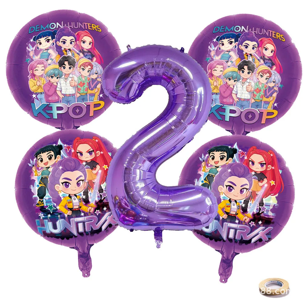 K P Foil Balloon Set Girl Group 1-9 Number Purple Star Balloons Character Cake Toppers for Birthday Party Photo Props image 4