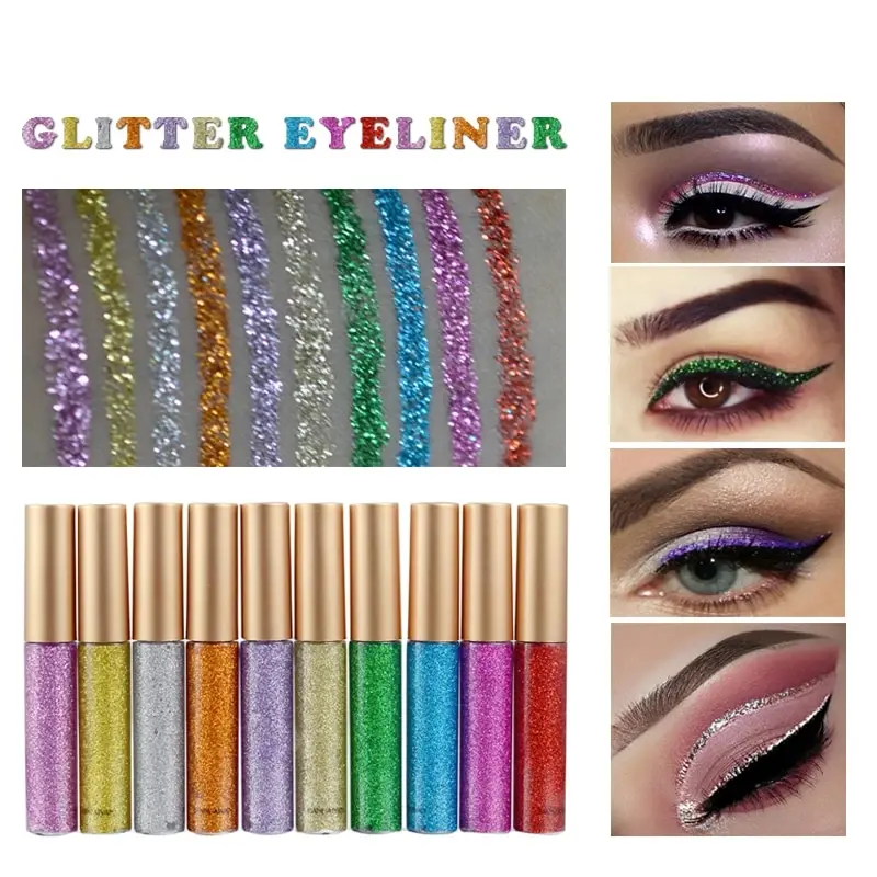 10 Colors Liquid Glitter Eyeliner, Metallic Shimmer Glitter Eyeshadow, Long Lasting Waterproof Shimmer Sparkling Eyeliner-10pcs