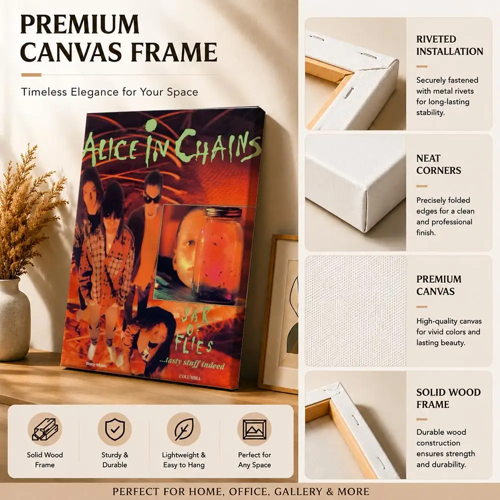 Grunge Classic Band A-Alice In C-Chains Framed Wall Painting Canvas Art Poster with Solid Wood Frame for Living Room Home Decor