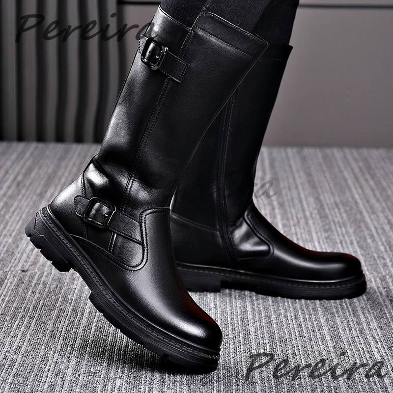 

Men's Genuine Leather Knight Boots Trendy Buckle Side Zipper High Top Boots Autumn Winter Velvet Round Toe Thick Soled Shoes