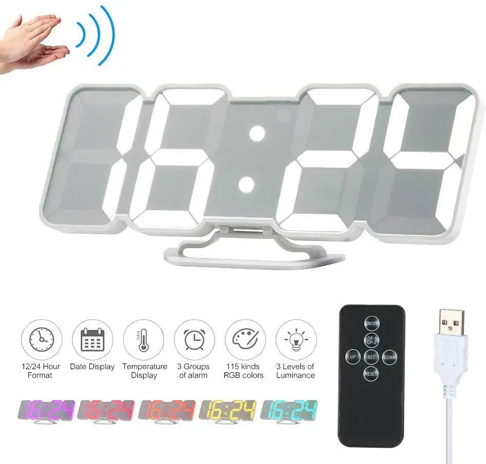 115 RGB Colors 3D LED Digital Clock  Wall Clock Remote Control Temperature Alarm Sound Control Home Decor CE Certification