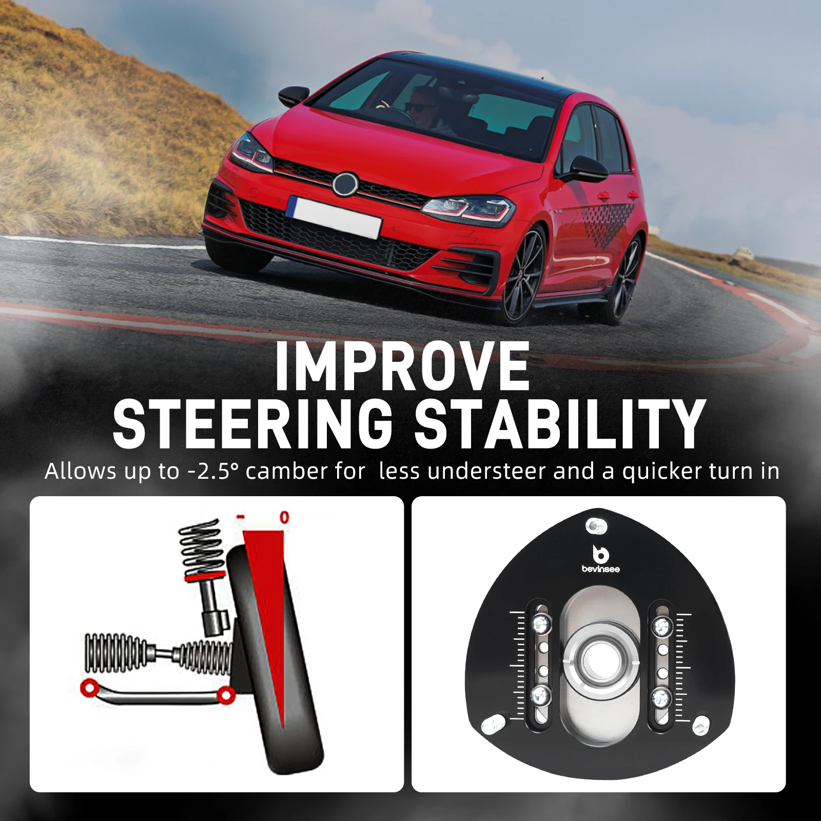 BEVINSEE Adjustable Front Camber Plates without Spring Perch for VW GTI MK7/MK7.5 2.0T GEN3, for Audi A3 8V 1.8T/2.0T Gen3