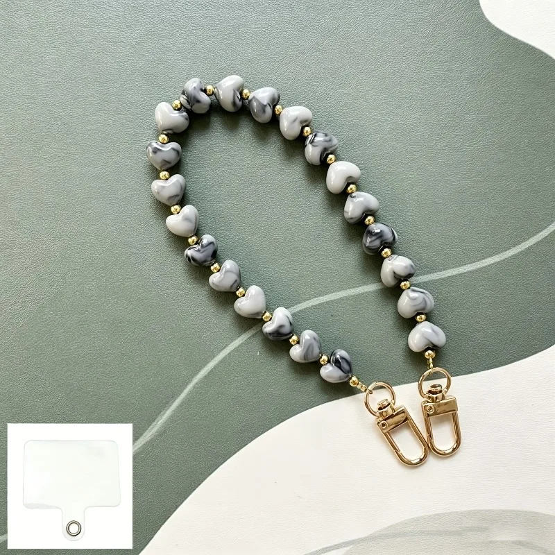 Modische Acryl-Handykette mit Herzanhänger, Perlen-Telefonband, Handy-Hängeschnur für Damen, Schmuck