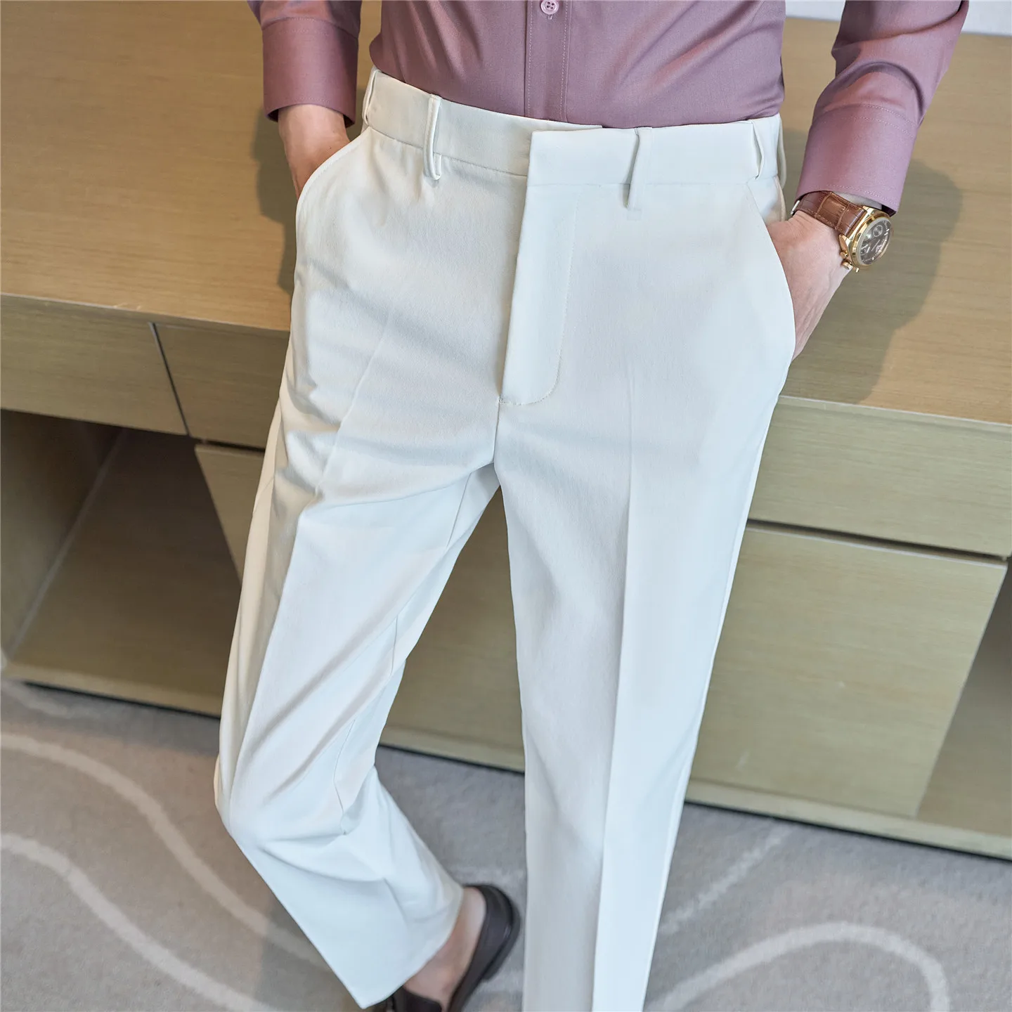 Celana Setelan Musim Semi Musim Gugur Celana Setelan Kasual Pintar Slim Fit Fashion Warna Solid Pria Celana Panjang Korea Pinggang Elastis Pria