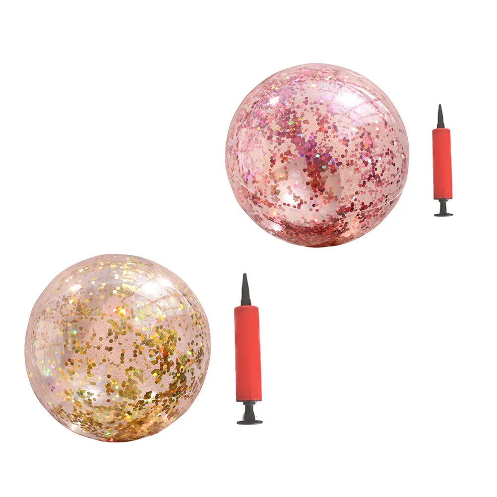 2Pcs Glitter Sequin Inflatable Beach Balls Luxury Gold Rose Gold Colors Fast Inflate Round Transparent PVC Water Play Ball
