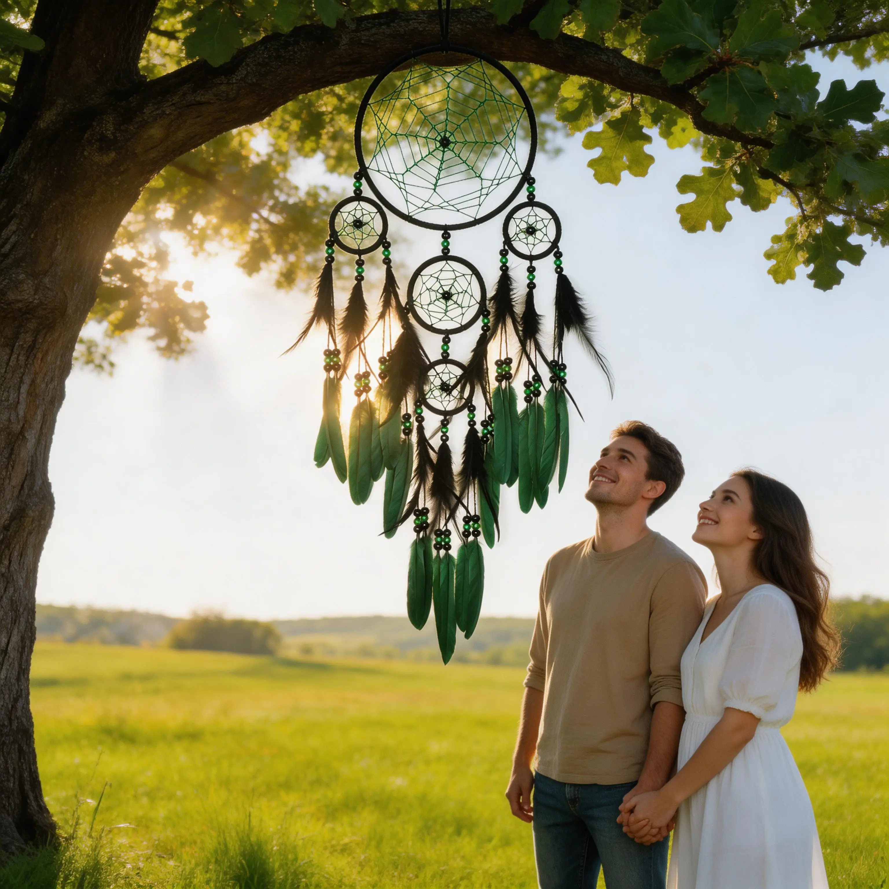 Large Native Style Dream Catcher, Multi-ring Feather & Bead Wall Hanging for Bedroom, Living Room and Bohemian Home Decoration