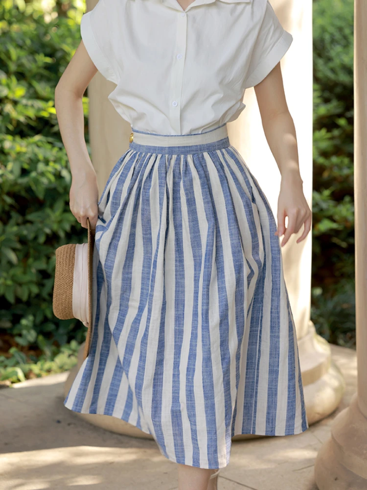 

Женская винтажная юбка в полоску, синяя трапециевидная юбка с завышенной талией и пуговицами, одежда для отпуска на весну и лето, 2024