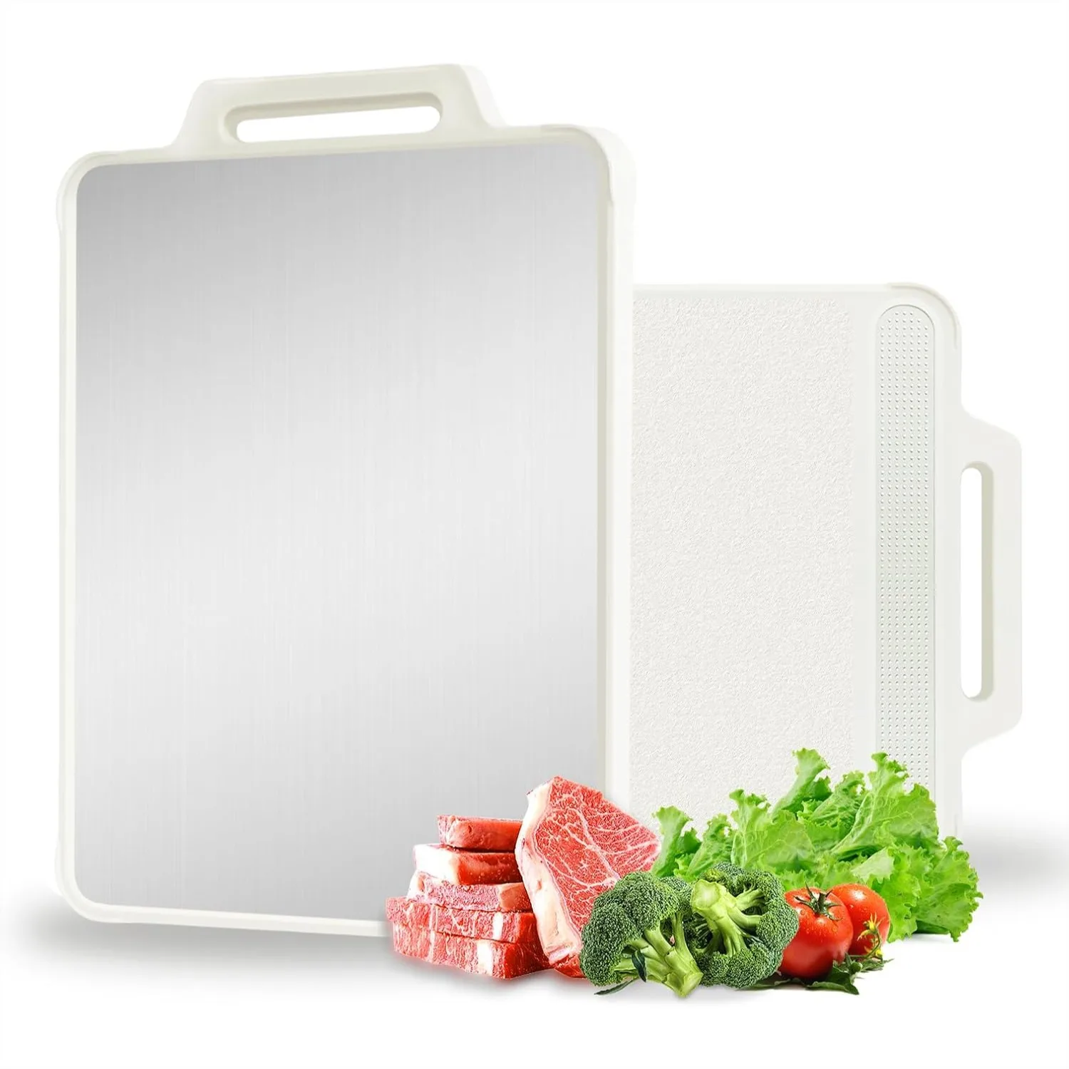 

Double Sided Stainless Steel Cutting Board for Kitchen, Large 16"x11" with Juice Groove, Wheat Straw PP for Vegetables Fruits