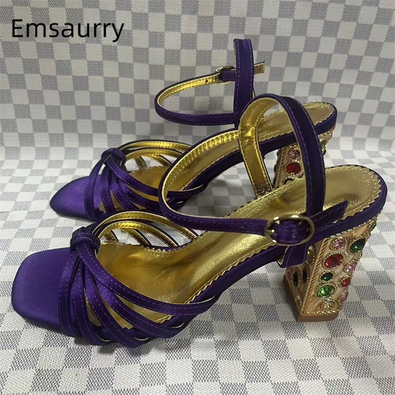 

Sexy Satin Narrow Band Ankle Strap Sandals Women Colorful Rhinestone Diamond High Heel Party Shoes Summer