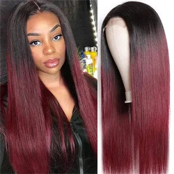 1B/99J Straight Wigs Human Hair 4x4 Closure Wig Brazilian Burgundy 13x4 Lace Front 32Inch Wigs For Black Women Pre Plucked