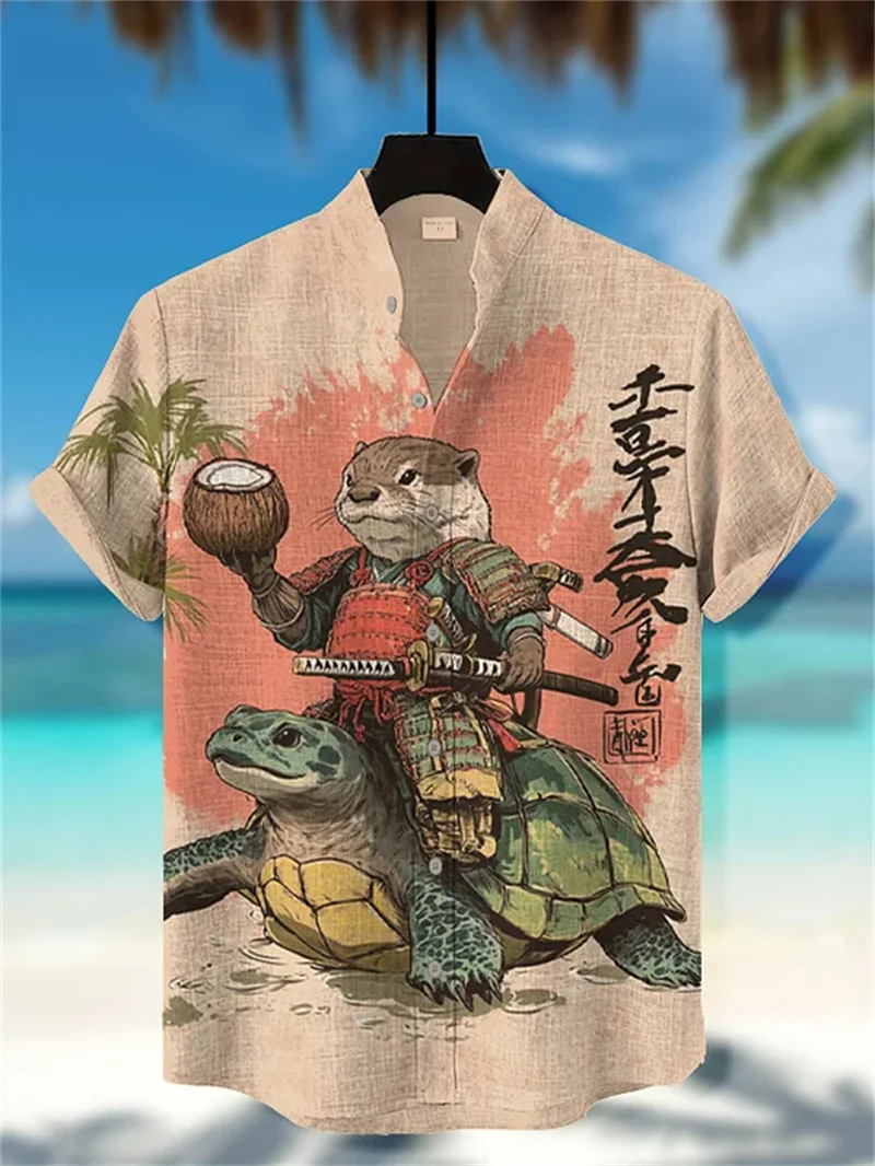 

New trendy retro style linen short sleeved shirt for men with double guns, black cat riding rooster print casual top