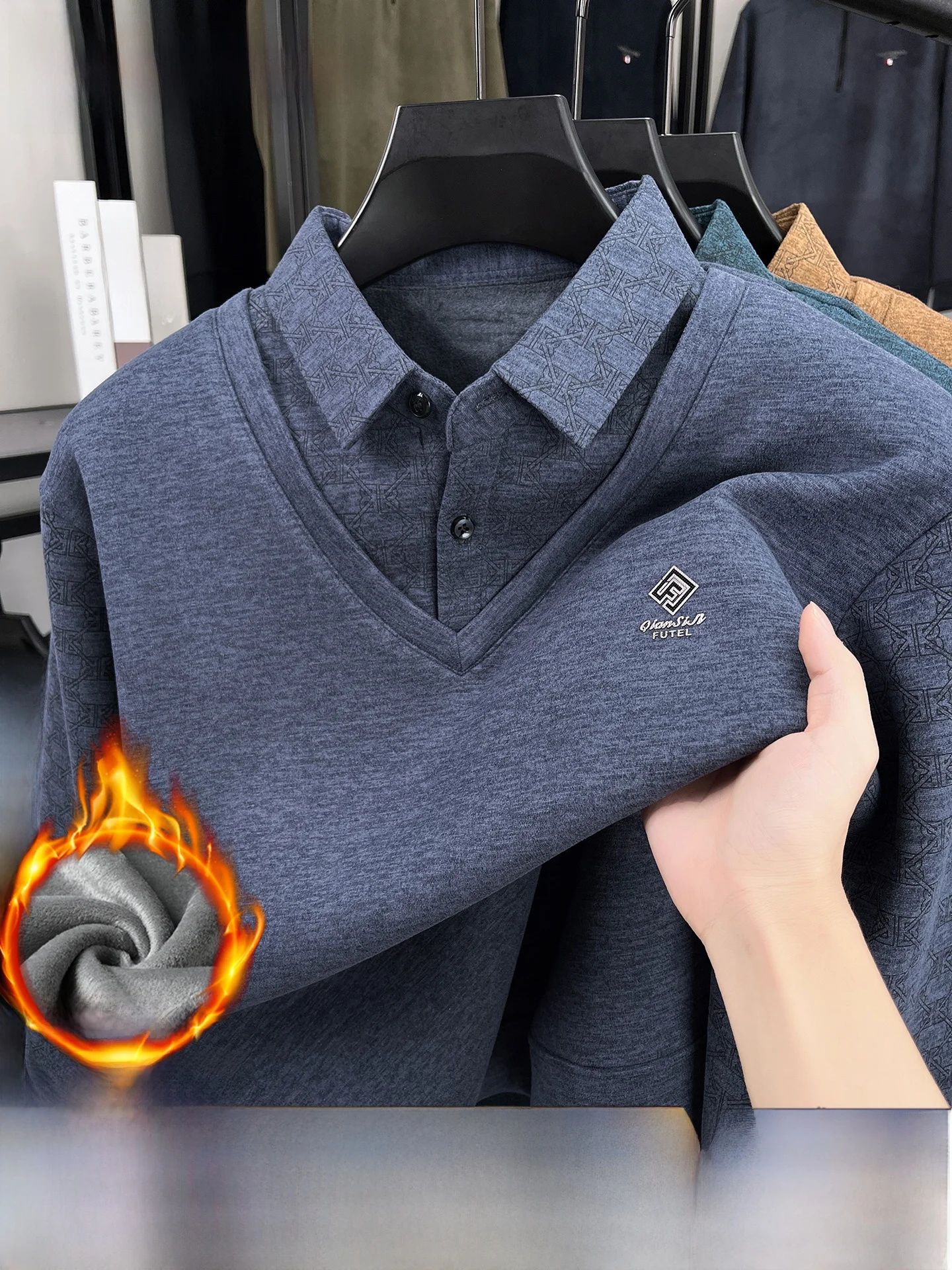 

Thiened Long Sve Fce Lined irt Collared One-Piece Velvet Woolen Underwear for Middle-Aged And ly Men