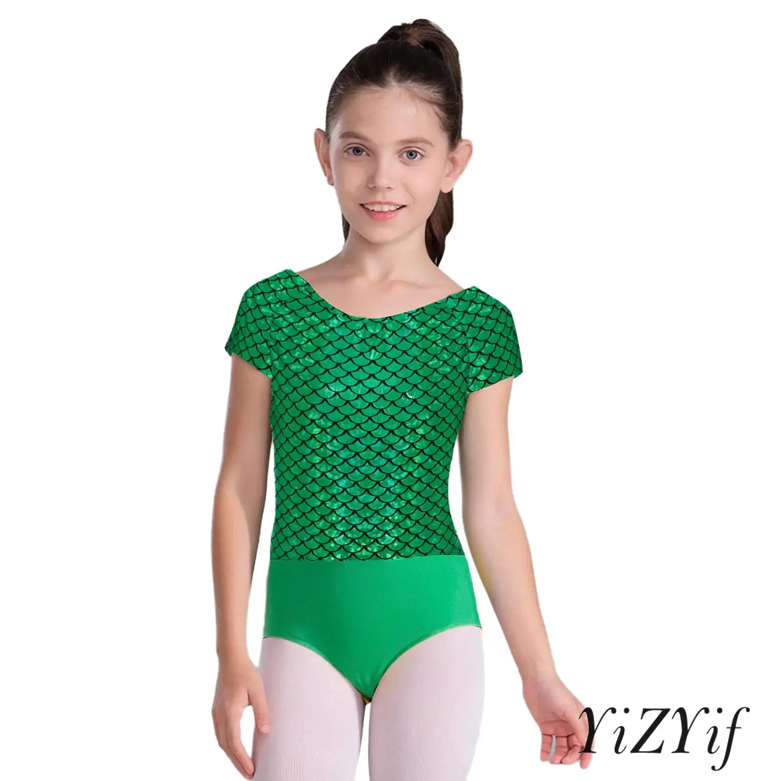 

Kids Girls Metallic Fish Scale Print Ballet Leotard Round Neck Bowknot Cutout Back Bodysuit for Gymnastics Dance Performance