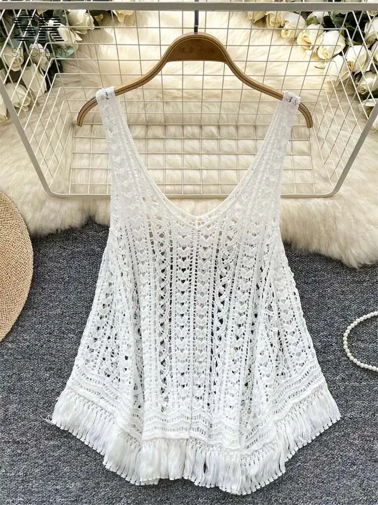 

BabYoung Knitting Hollow Out Tank V Neck Backless Hook Flower Women Summer Casual Vacation Beach Style Loose Tassels Tops