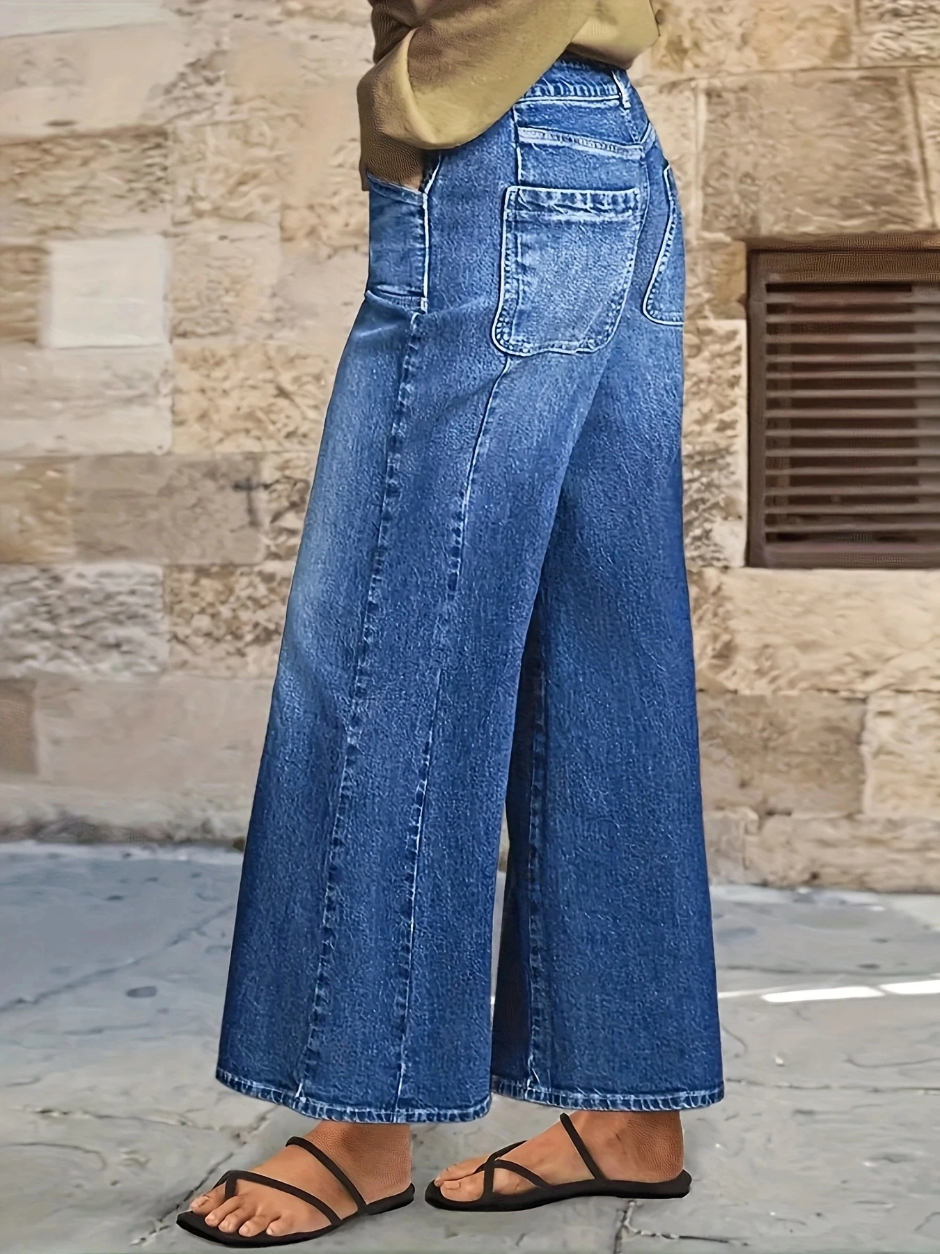بنطلون جينز فضفاض واسع الساق عالي الخصر ومستقيم الساق للنساء