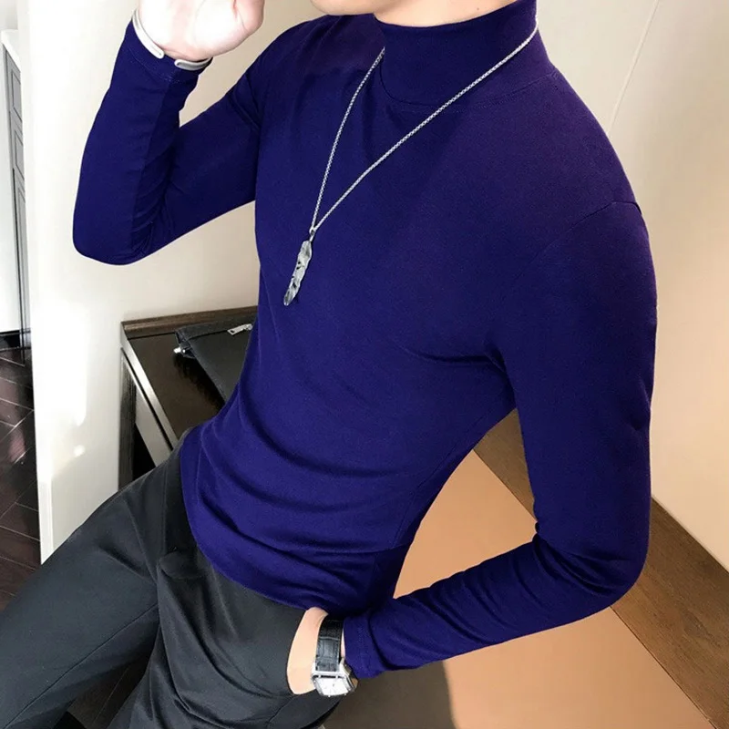 Frühling Neue männer Rollkragen T-shirt Langarm Slim Fit Einfarbig Hohe Elastische Bodenbildung Pullover Grundlegende Stil Männliche Tops – Detail 20