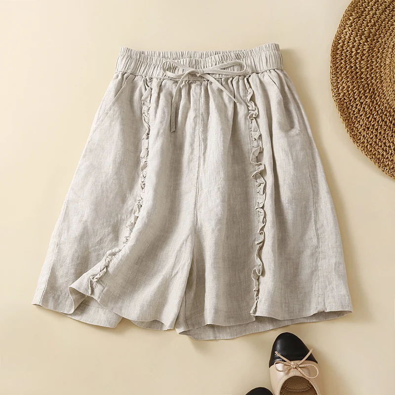 

Summer New Vintage Heavy Work Wooden Cotton Linen Pants Belted Elastic Waist Wide Leg Pants Shorts Thin Model