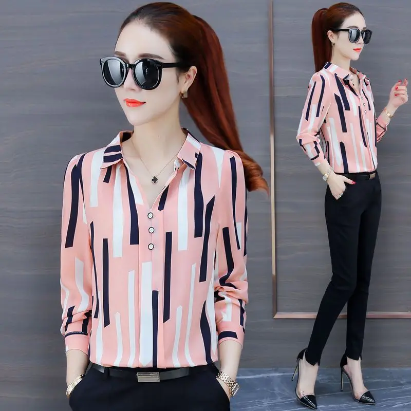 2023 New Women\'s Clothing Shirt Polo-Neck Long Sleeve Office Lady Commuter Fashion Stylish Printed Button Geometric Blouse