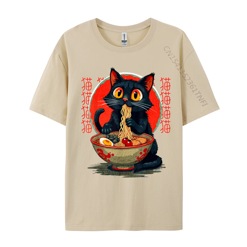 Funny Cute Cat Eating Ramen Japanese Noodles Vintage Printed Top T-shirts Fall Tees 2024 New Fashion Combed Cotton