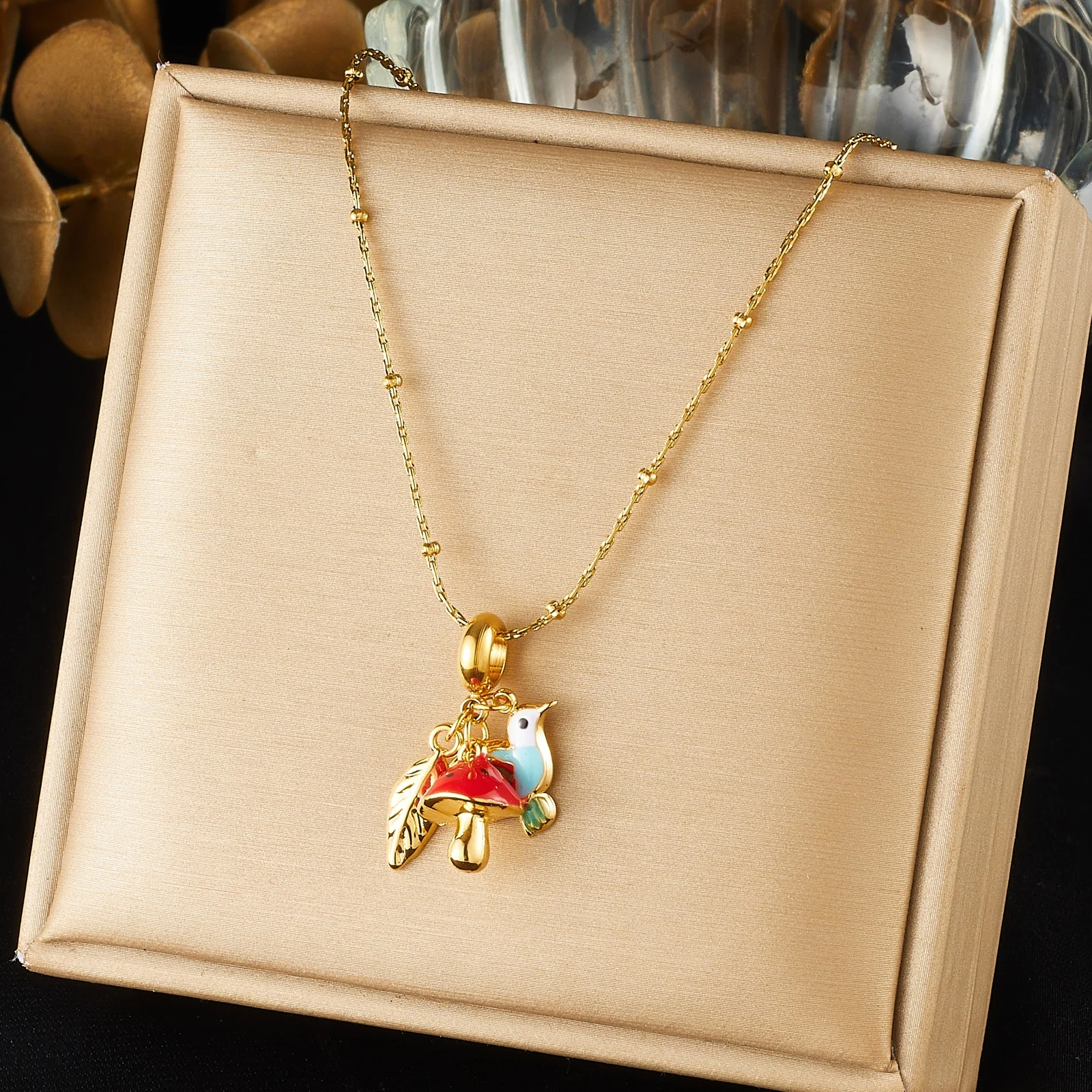 Stainless Steel Golden Enamel Mushroom Bird Cute Multi-Charm Pendant Necklace Women Waterproof Classic Jewelry Gift