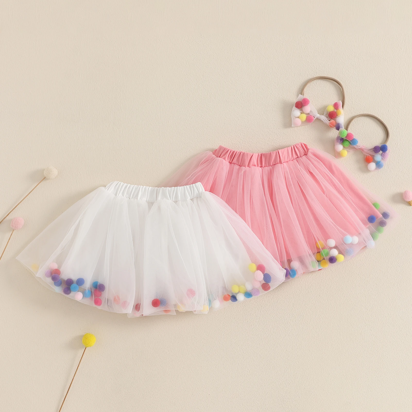 1-5Y Kids Girl Mesh Tutu Skirt Colorful Plush Ball Elastic Waist Tulle Skirt Birthday A-Line Skirt with Headband Costume