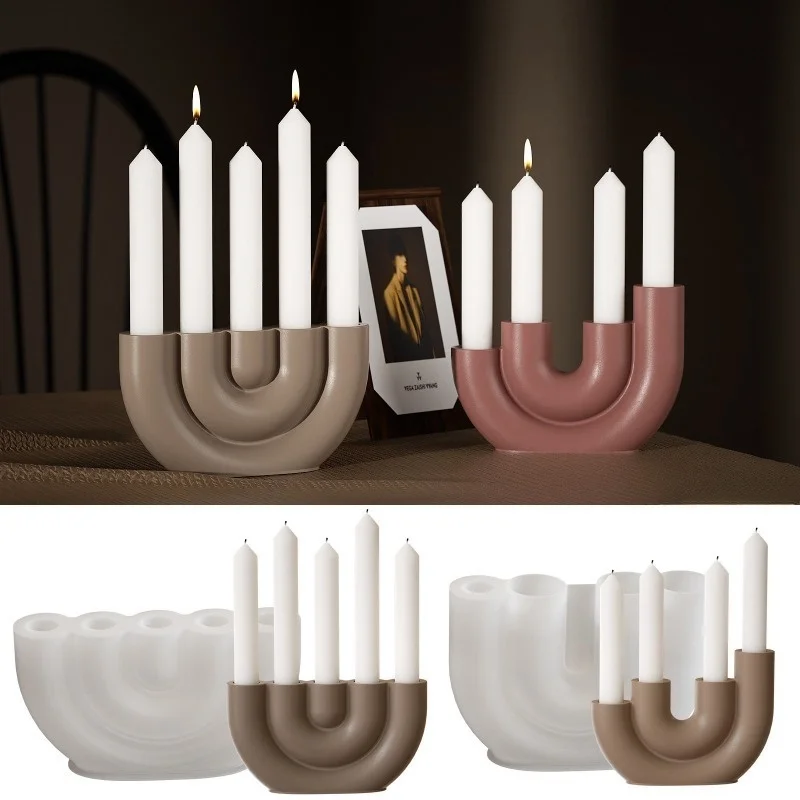 Ins Wind Four Hole Five Hole U-Shaped Candle Holder Insert Silicone Molds DIY Gypsum Candle Base Decoration Ornament Resin Mold