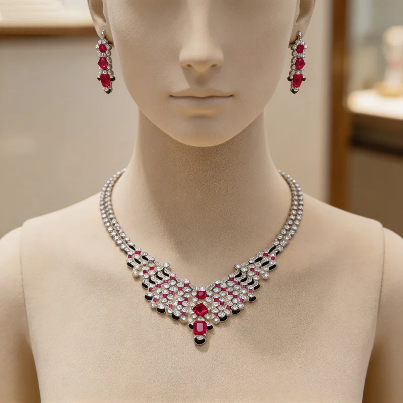 Luxury Style Women Lady Jewelry Set Necklace Earrings Inlay Cubic Zirconia Synthetic Emerald Red Corundum Party Jewellery Sets
