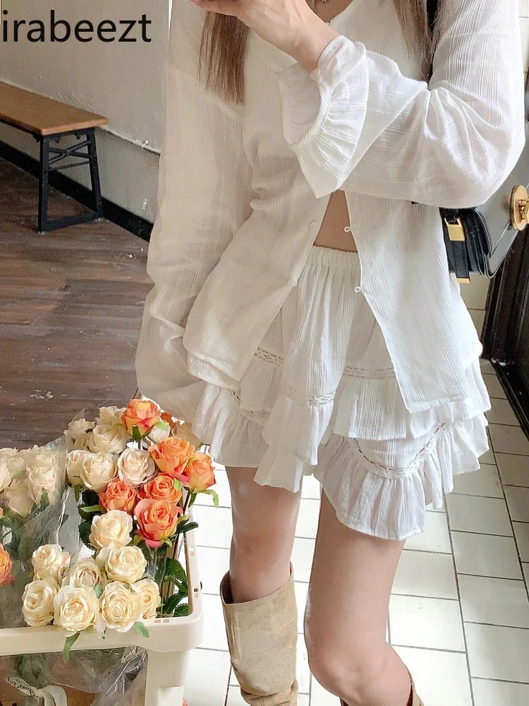 

Irabeezt Fashion White Suit Women Sun Protection Shirt Jacket Shorts Casual Two Piece Set Kawaii Sweet Suits Summer New 2022