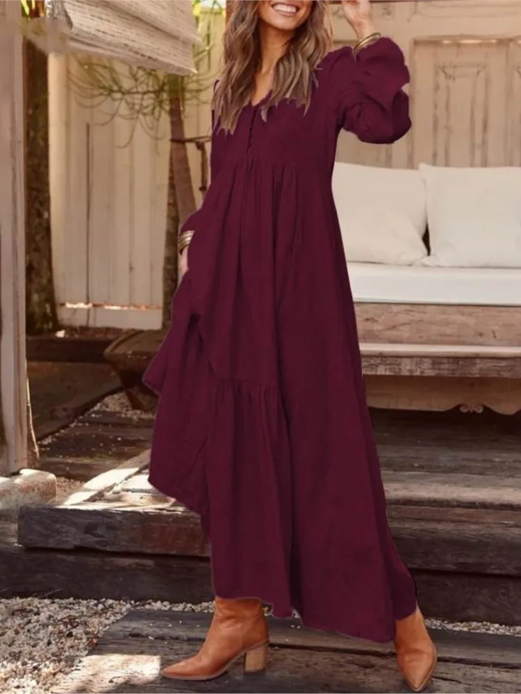 Autumn Winter Women\'s Clothing New Fashion Button Cotton Linen Retro Casual Long Sleeved Dress Big Swing Long Skirt Multi-color