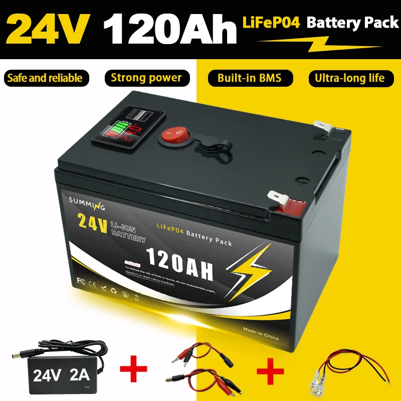 

24V 120Ah Lithium Rechargeable LiFeP04 Battery Deep Cycle for Solar Power,UPS,Scooters,Power Wheels,Fish Finder,Built-in BMS