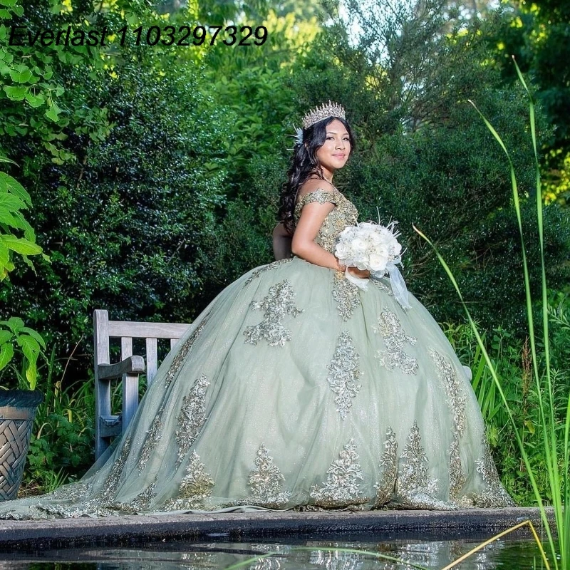 EVLAST Dostosowana suknia balowa Sage Quinceanera Złota koronkowa aplikacja z koralików Kryształowy gorset Sweet 16, Vestidos De 15 Años TQD849