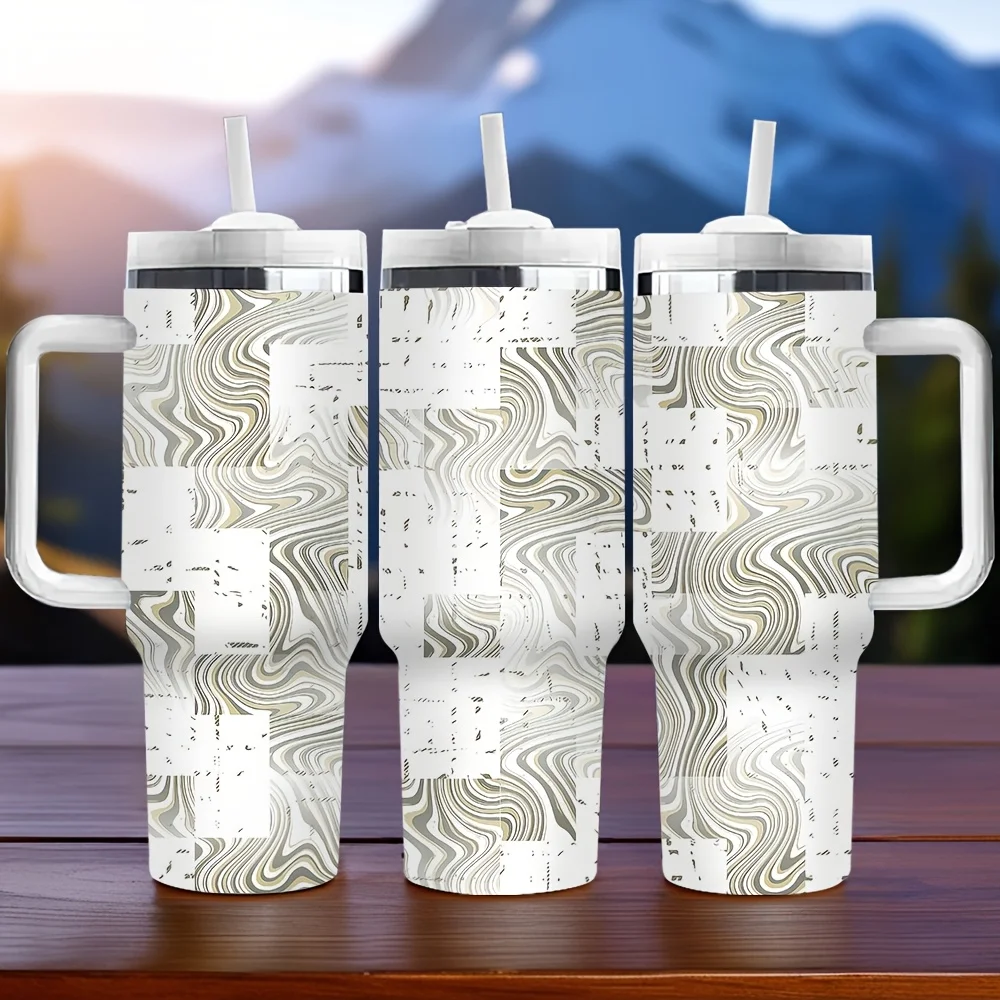 Modern Abstract Distressed Block Wavy Pattern Printed Insulated Travel Tumbler with Convenient Handle And Reusable Drinking Straw view 6