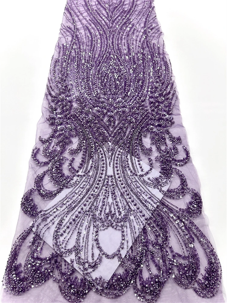 

High Quality African Sequins Lace Fabric Nigerian French Tulle Beaded Embroidery Lace For Party Luxury Dress 5 Yards