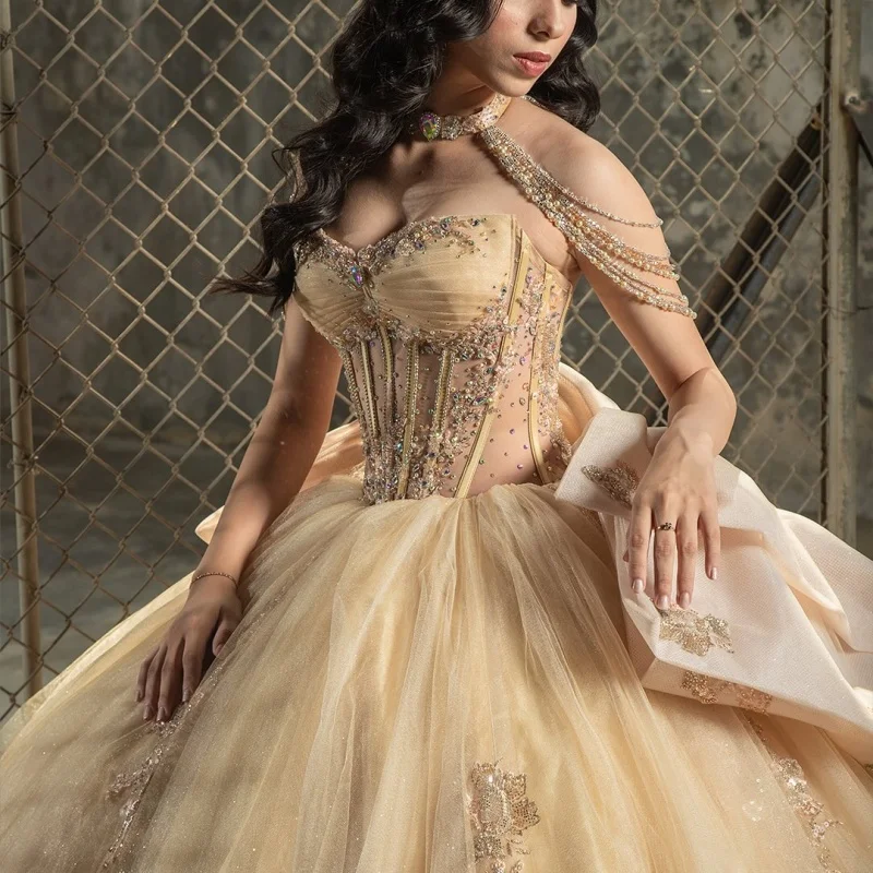 

Champagne Quinceanera Dress crystal Decal Long tail glitter flower decal Bow Vestidos De 15 Quinceanera ﻿Customize