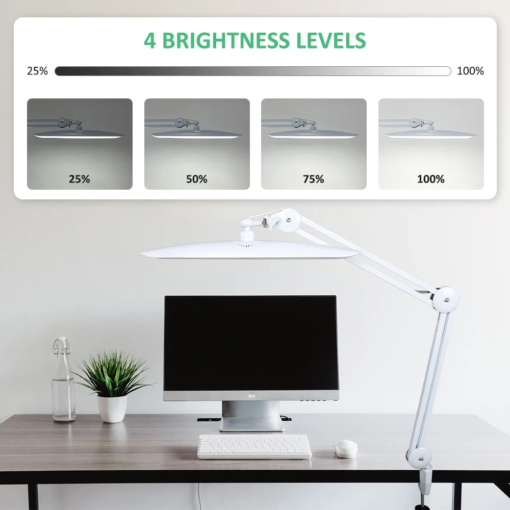 LED Task Desk Lamp 19 Inches Metal Swing Arm Eye-Caring Lash Extensions Lamp 117PCS LEDs for Nail Crafts Reading Head Work Lamp