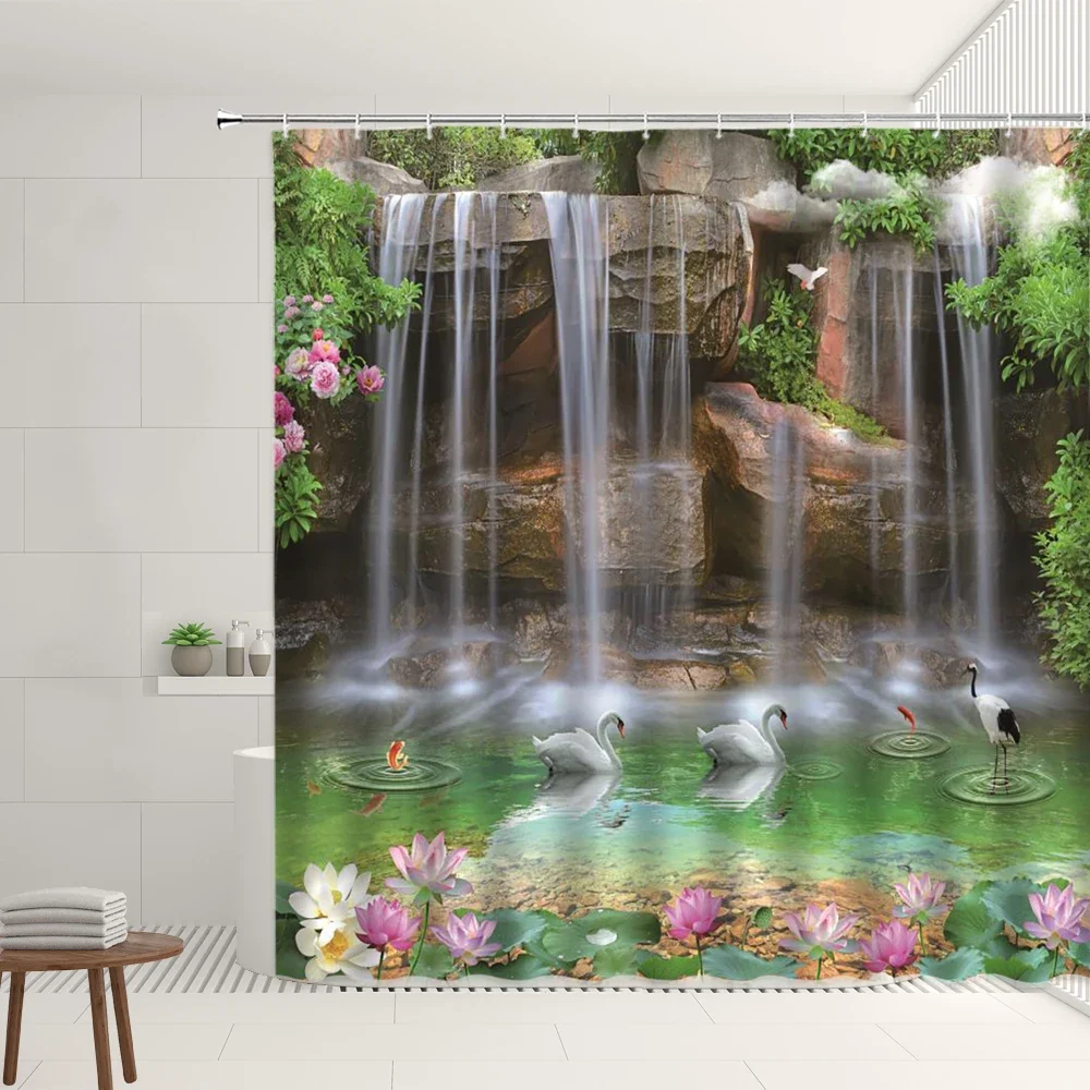 Chinese Waterfall Landscape Shower Curtain Sets Flower Plant Mountain Pink Lotus Green Leaves White Crane Bath Hanging Curtains