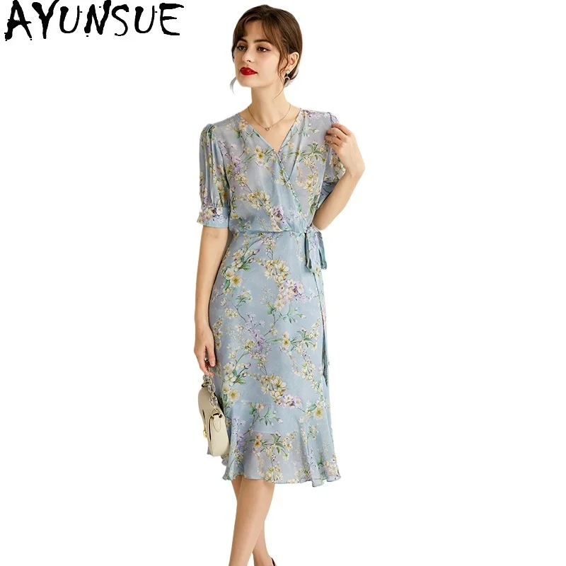 AYUNSUE 100% vestido de seda amoreira para mulheres, vestidos estampados elegantes, roupas da moda francesa, verão, 2024