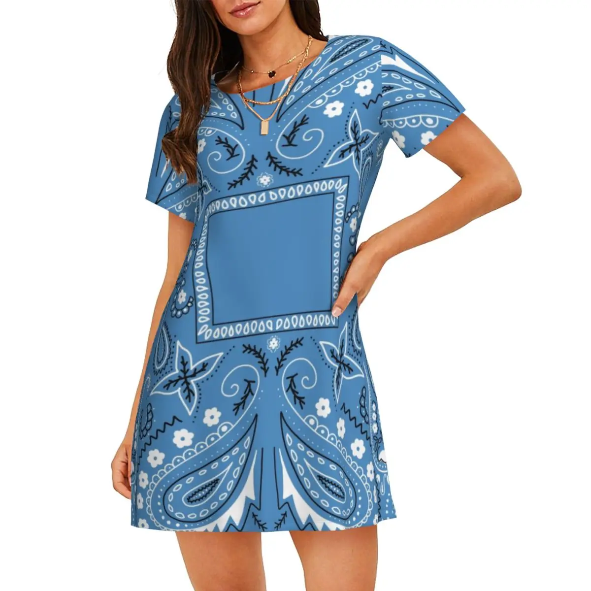

Custom Blue Paisley Bandana Pattern Women Nightgown Sleepwear Short Sleeves Bohemian Floral Texture Nightgowns Women's Pajamas