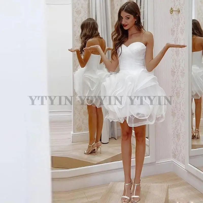 

White Tulle Short Wedding Dress Cascading Ruffles Ball Gown Sweetheart Neck Tutu Dress Bridal Formal