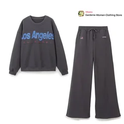 Women Dark Gray Sports Suit Jogger Pant Sets Elegant 2-piece Sets for Women Washed Effect Contrast Text Sweatshirt with Rib Trim